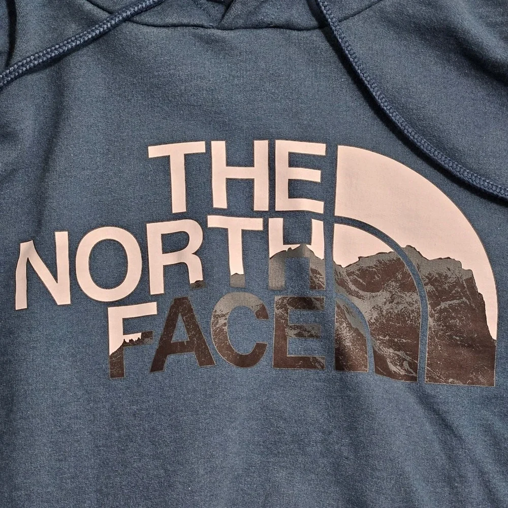The North Face Pullover Hoodie Men Medium Blue Graphic Mountain Sweatshirt A5IWP